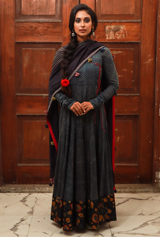 Blue Ajrakh Kalidar Angarakha Set