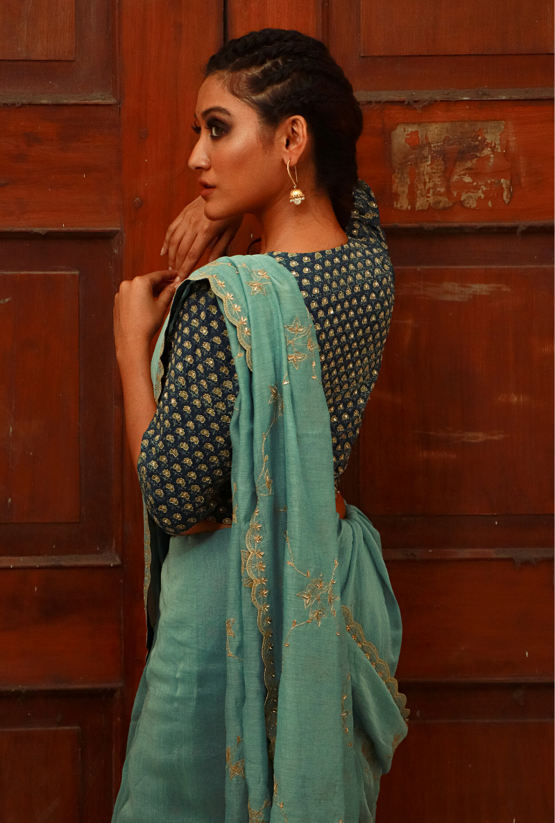 Powder Blue Chanderi Saree Set