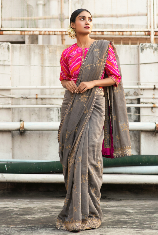 Sakhi Pink & Grey Chanderi Saree Set