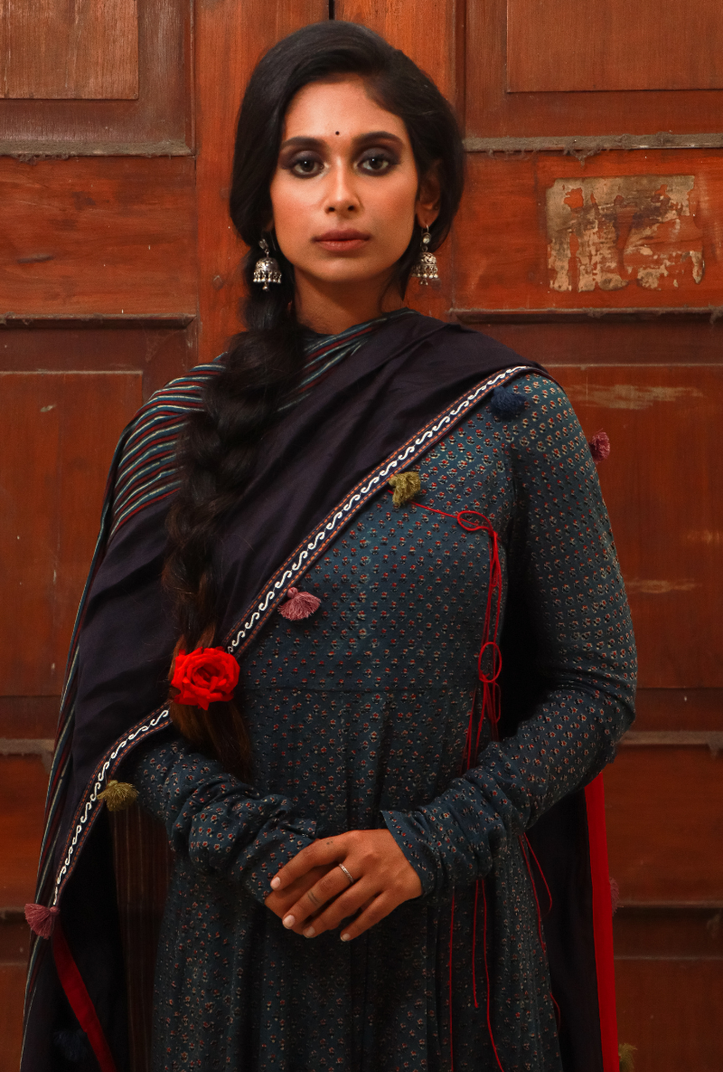 Blue Ajrakh Kalidar Angarakha Set