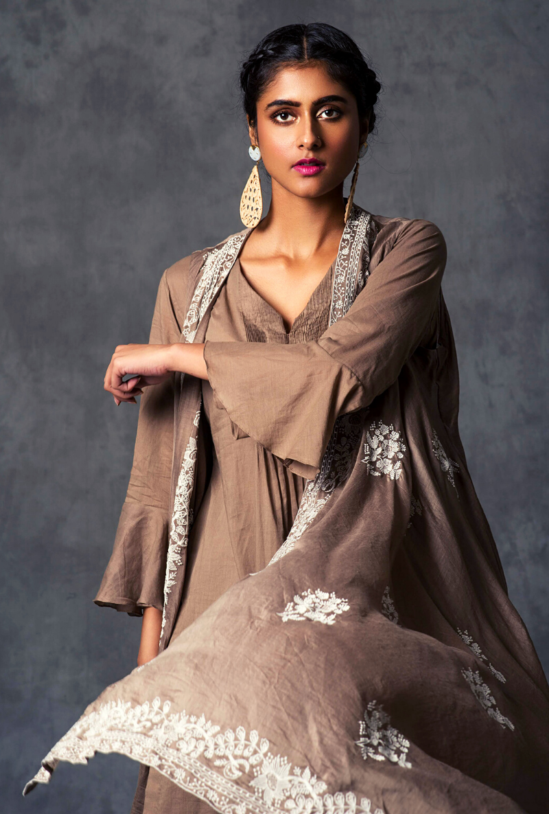 Pintucked Taupe Jacket Set