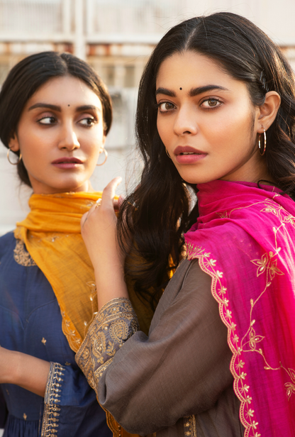 Sakhi Ink Blue and Mustard Anarkali Set