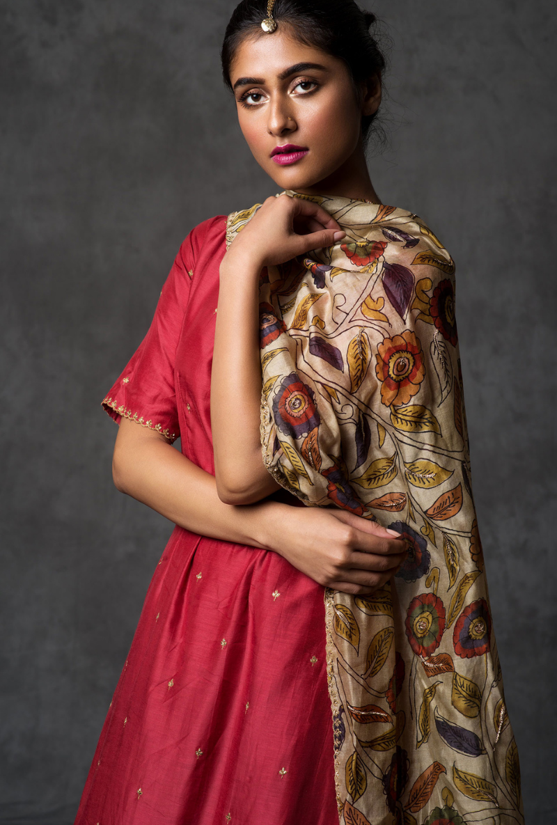 Red Kurta With Ivory Dupatta