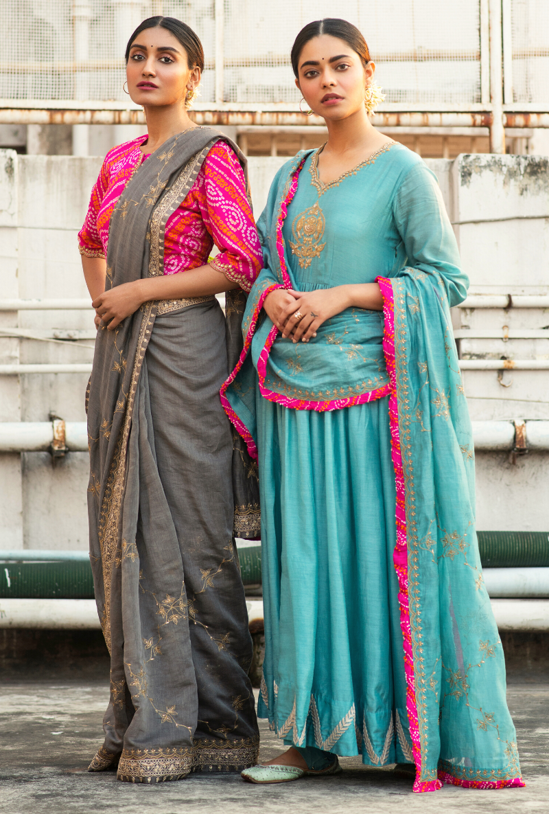 Sakhi Turquoise Anarkali With Pink Highlights