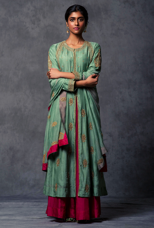 Dull Green Kali Cut Kurta Set