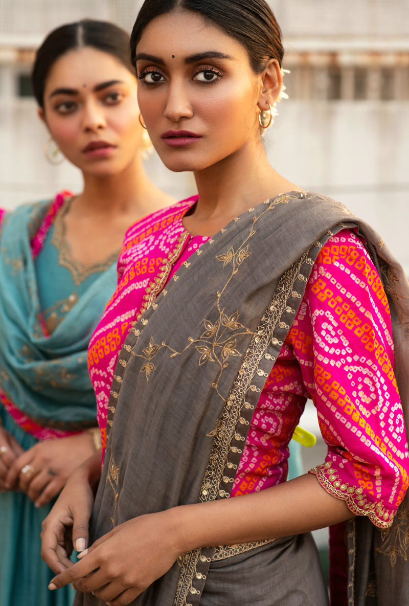 Sakhi Pink & Grey Chanderi Saree Set