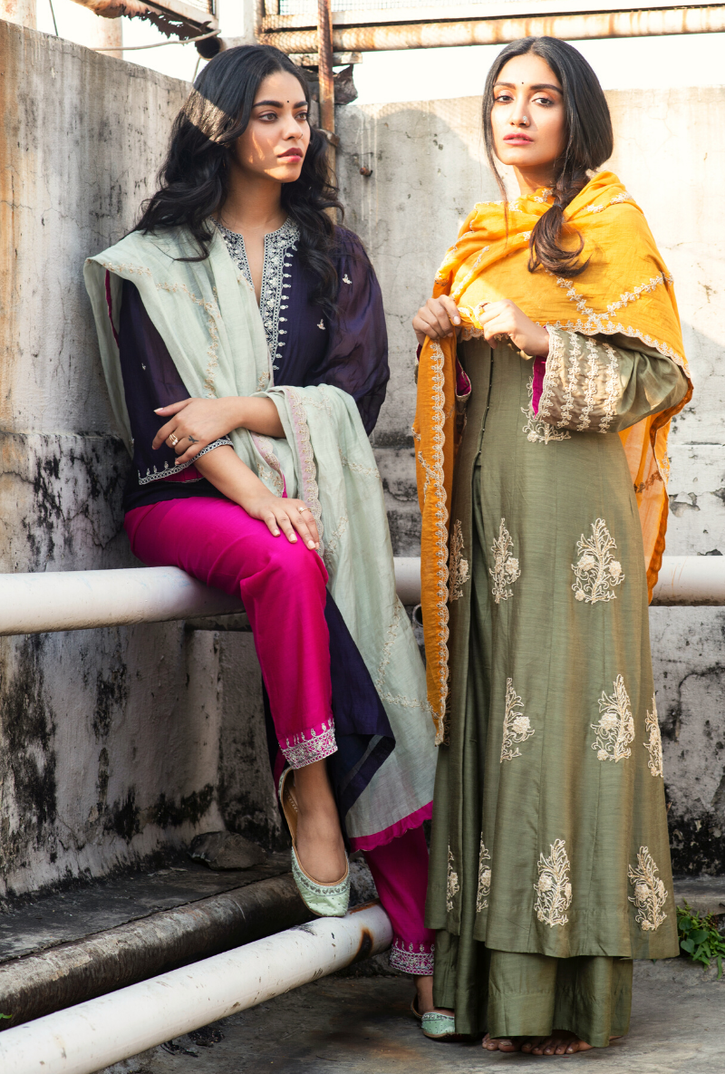 Sakhi Powder Green & Mustard Kurta Set