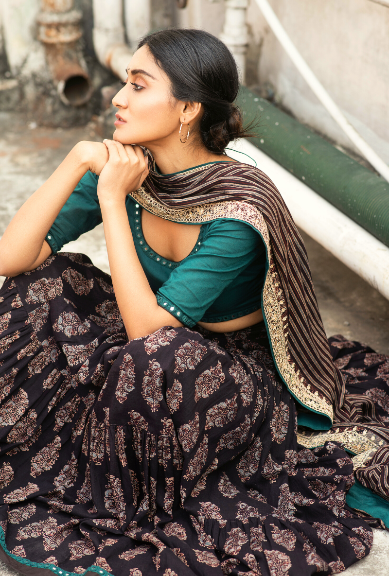 Sakhi Handpainted Teal Lehenga Set