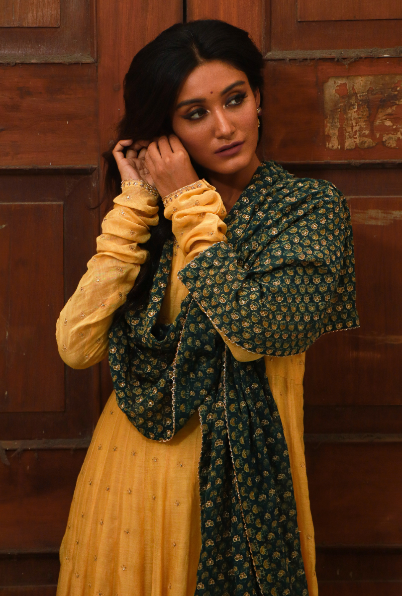 Yellow & Green Kalidar Kurta Set