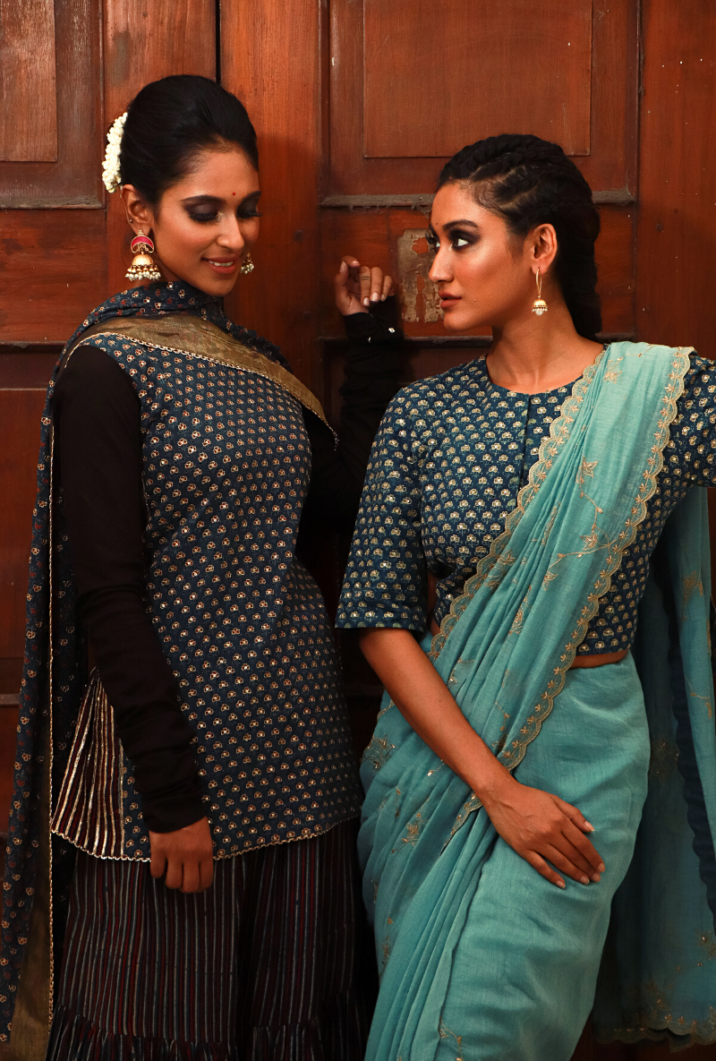 Powder Blue Chanderi Saree Set