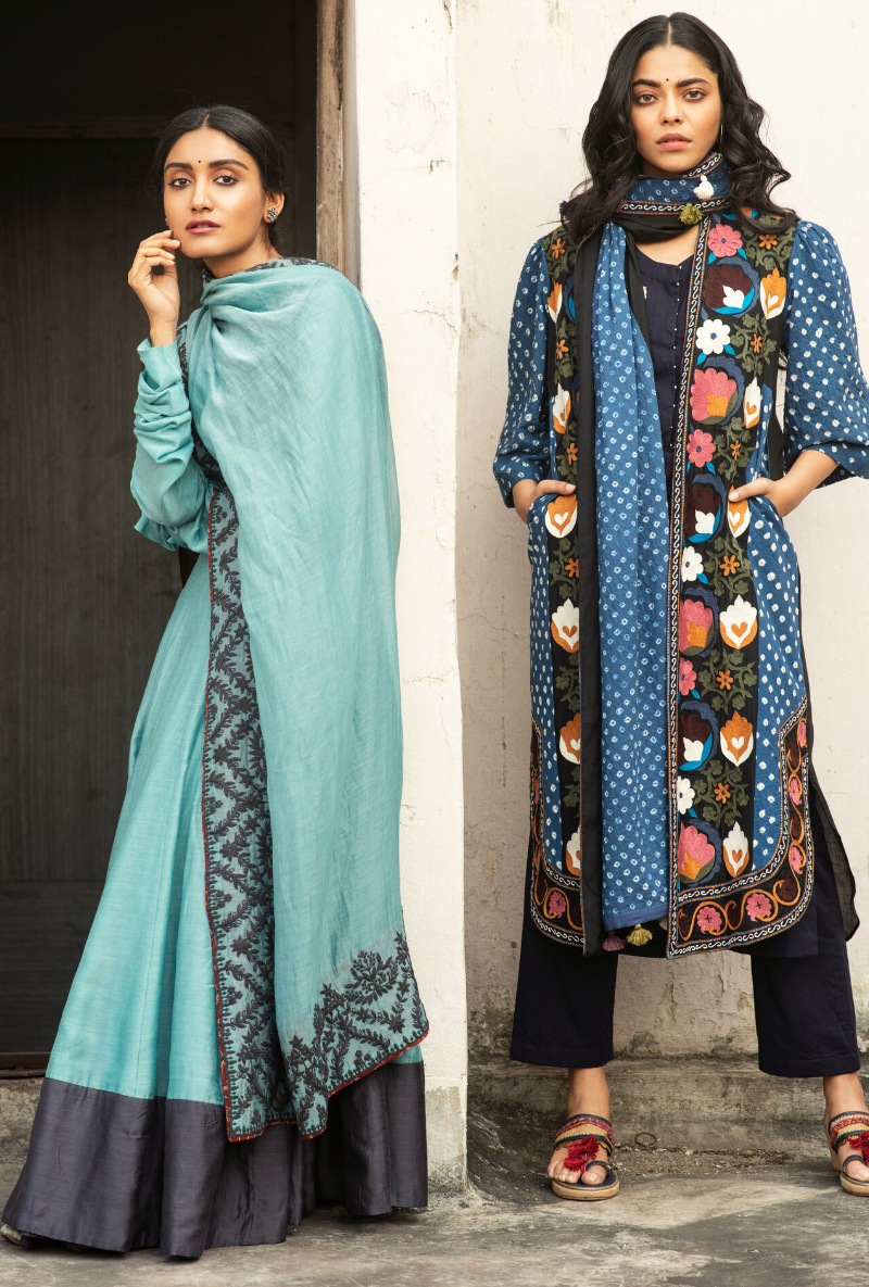 Sakhi Blue Bandhej Jacket & Kurta Set