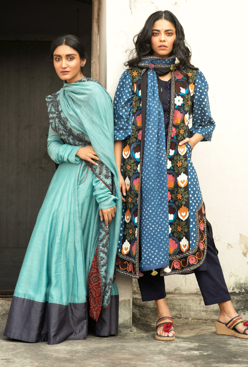 Sakhi Blue Bandhej Jacket & Kurta Set
