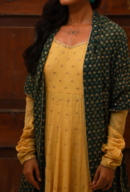 Yellow & Green Kalidar Kurta Set