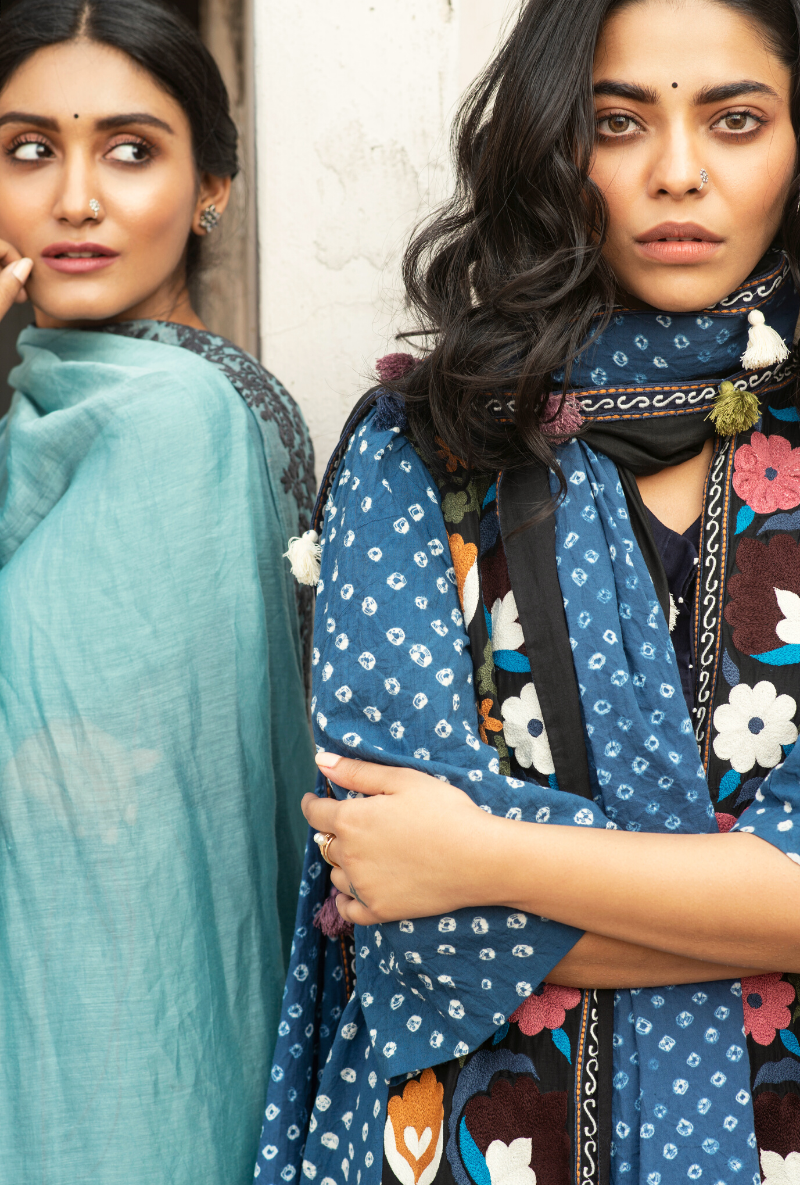 Sakhi Blue Bandhej Jacket & Kurta Set