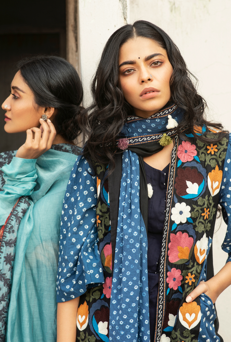 Sakhi Blue Bandhej Jacket & Kurta Set