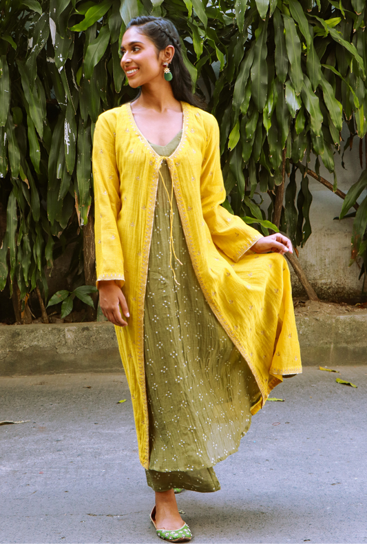 Yellow & Powder Green Chanderi Jacket Set