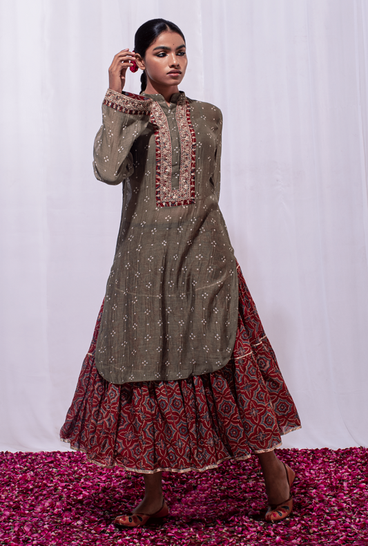 Mast Qalandar Bandhej Powder Green & Ajrak Skirt Set