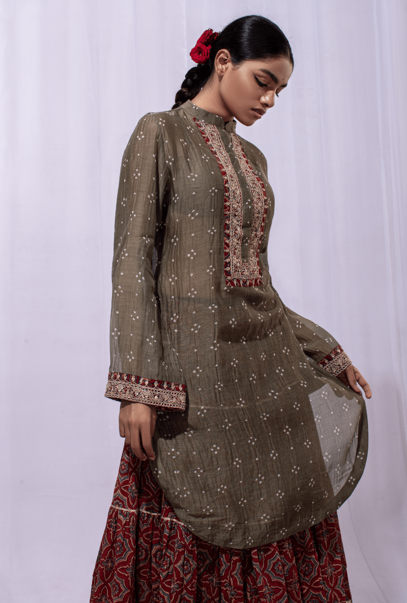 Mast Qalandar Bandhej Powder Green & Ajrak Skirt Set