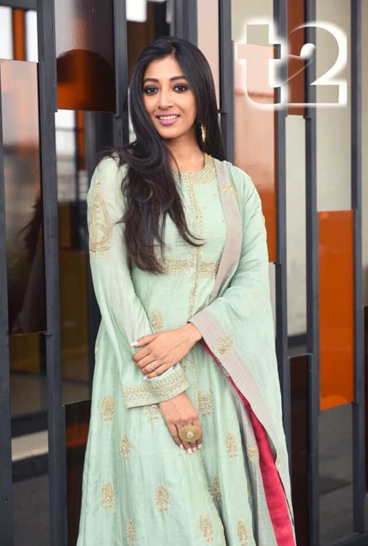 Paoli Dam In Chandni Dull Green Kali Cut Kurta Set