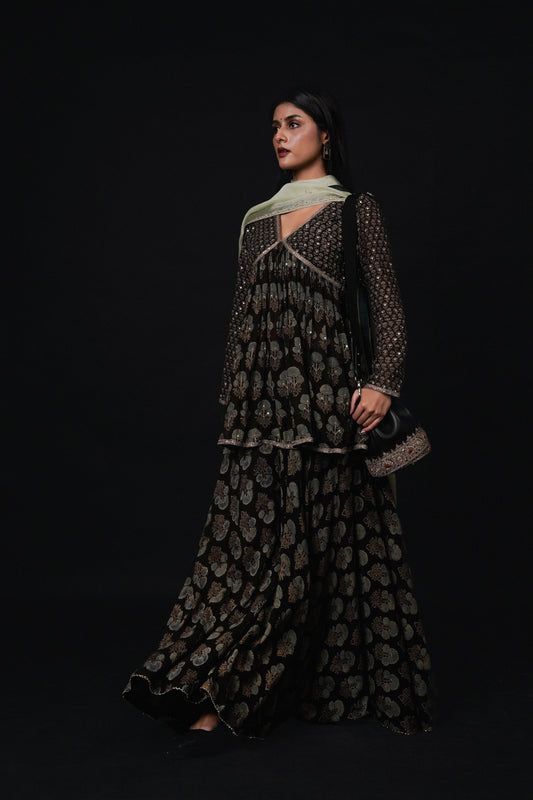 Hawayein Cross Yoke Embroidered Organic Ajrakh Sharara Set