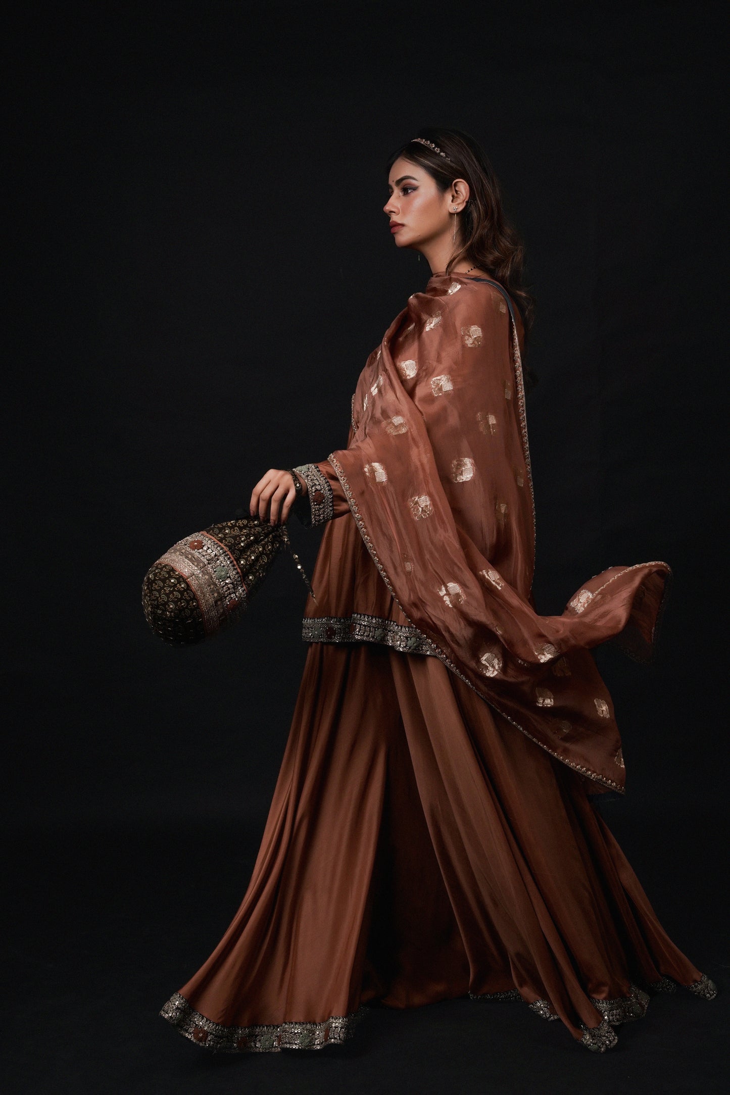 Hawayein Hazelnut Cross Yoke Embroidered Sharara Set