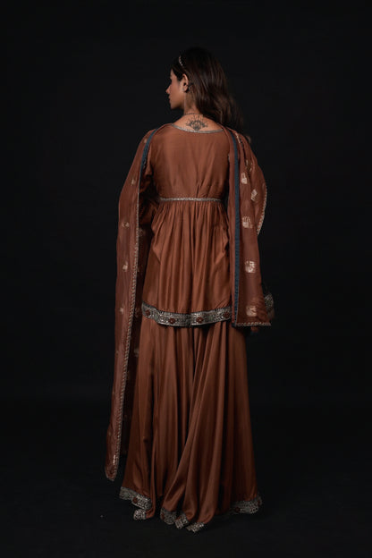 Hawayein Hazelnut Cross Yoke Embroidered Sharara Set