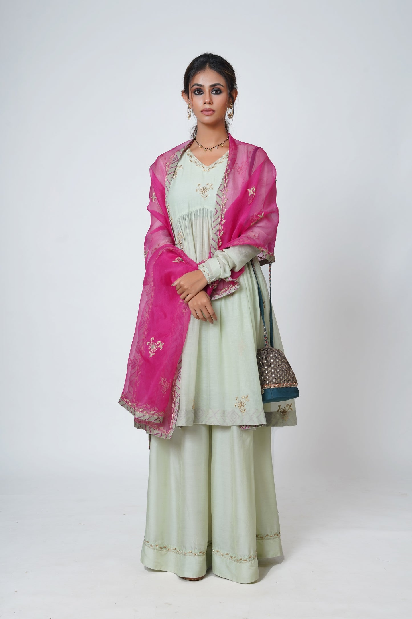 Hawayein Mint Green Inverted V Cut Kurta Set
