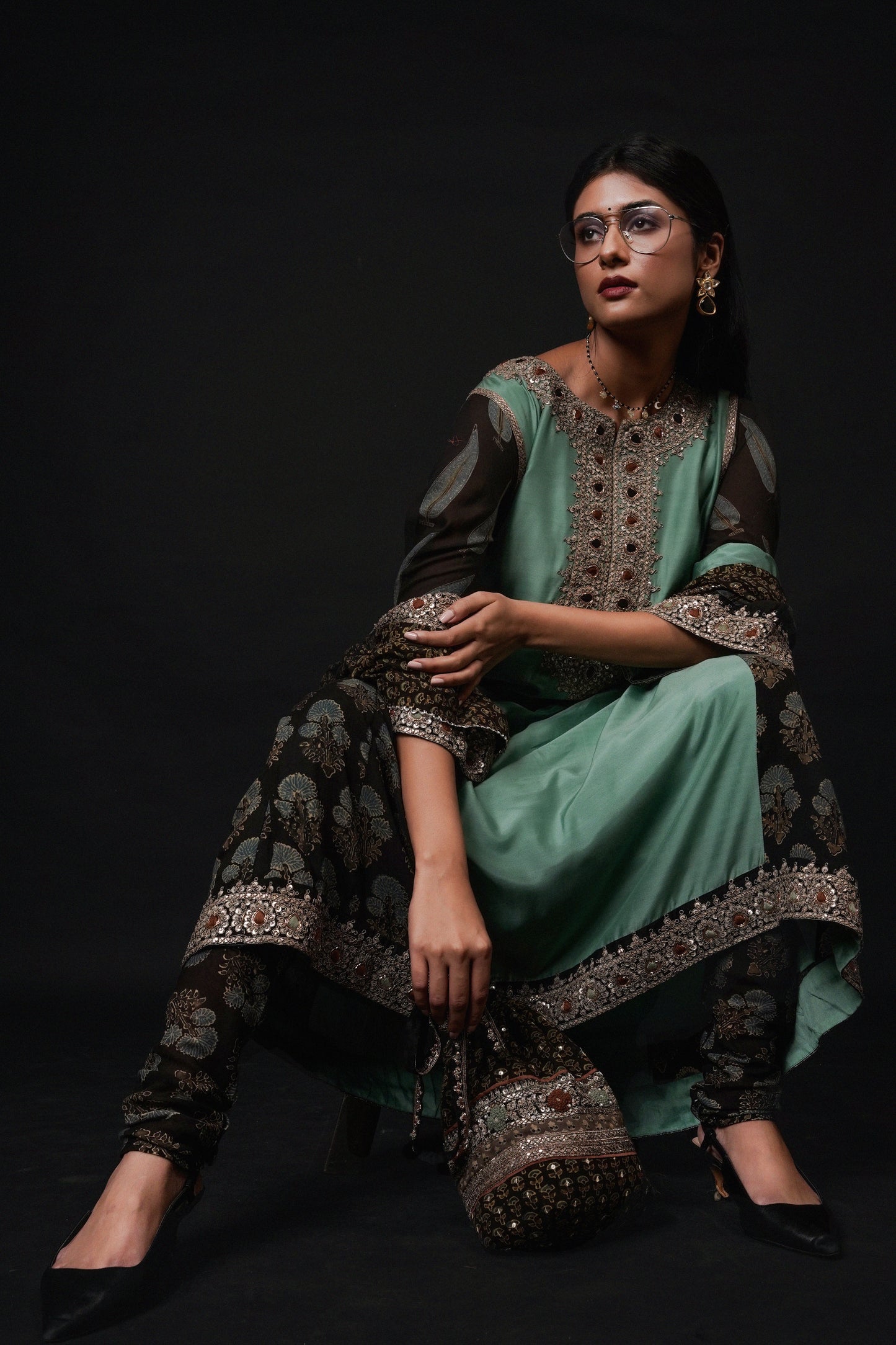 Hawayein Malachite Ajrakh  A-line Kurta Set