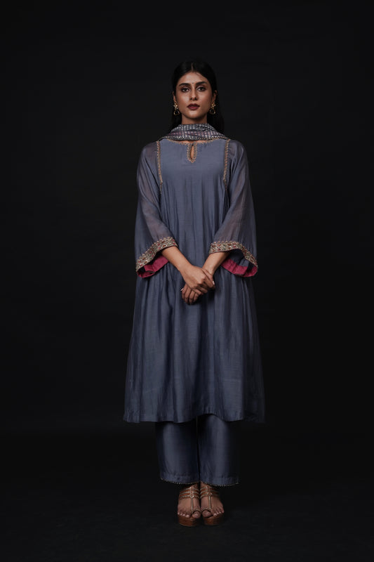 Hawayein Vintage Indigo Side Gather A-Line Kurta Set