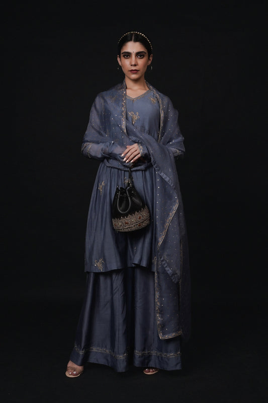 Hawayein Vintage Indigo Inverted V Cut Sharara Set