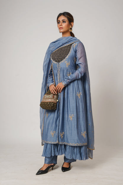 Hawayein Vintage Indigo Ruching Kurta Set